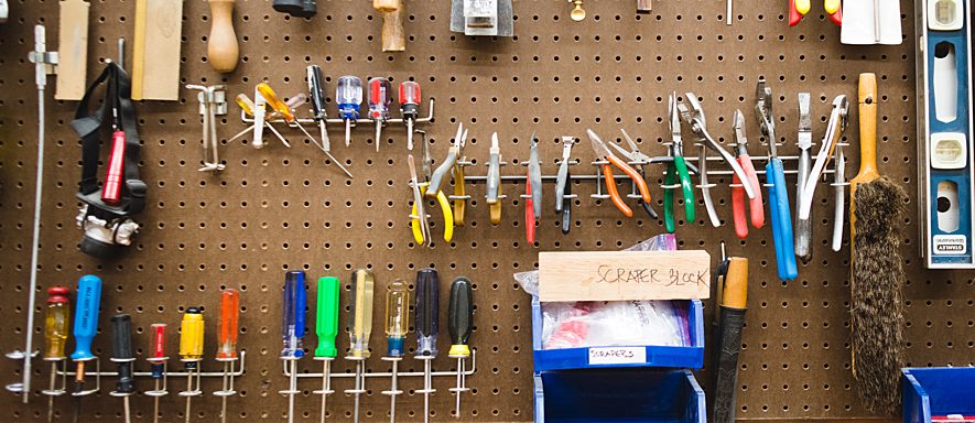 Workshop tools on a wall